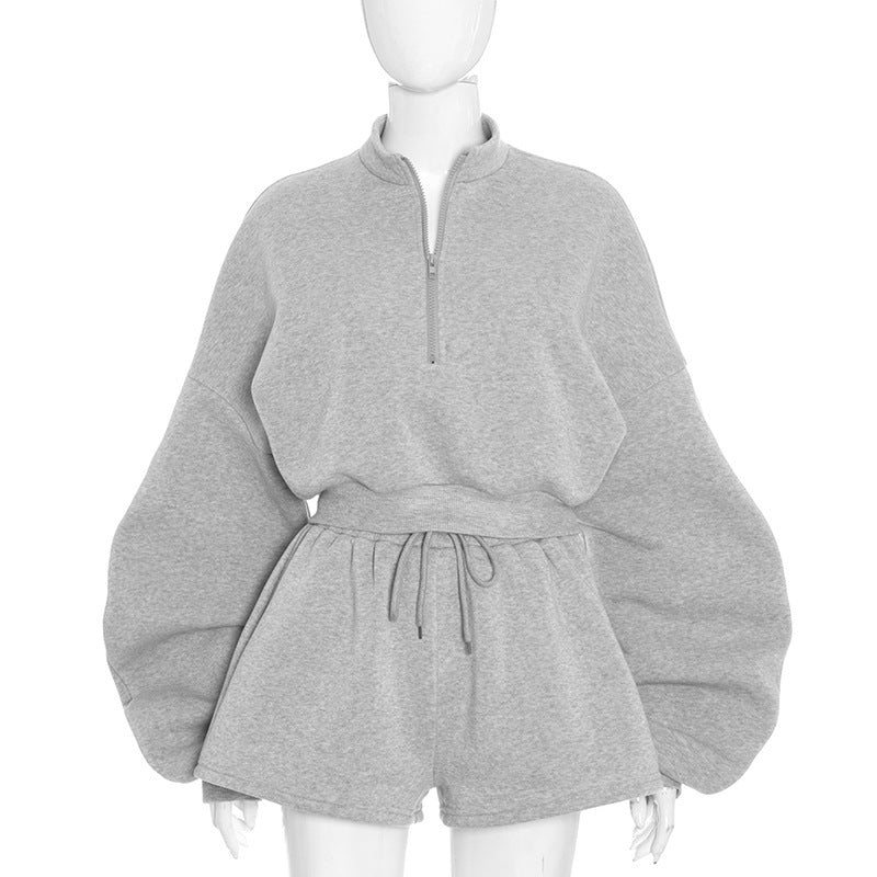 Women's Solid Color Casual Long-sleeved Sweatshirt Top With Loose Three-point Shorts Set