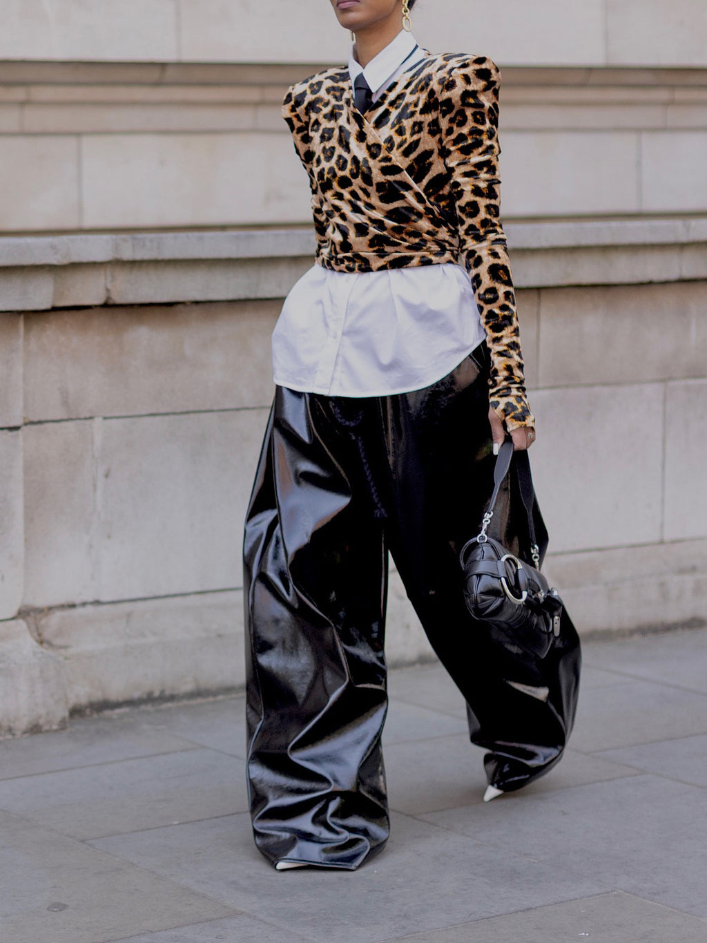 Leopard Print V-neck Top White Shirt Two-piece Set