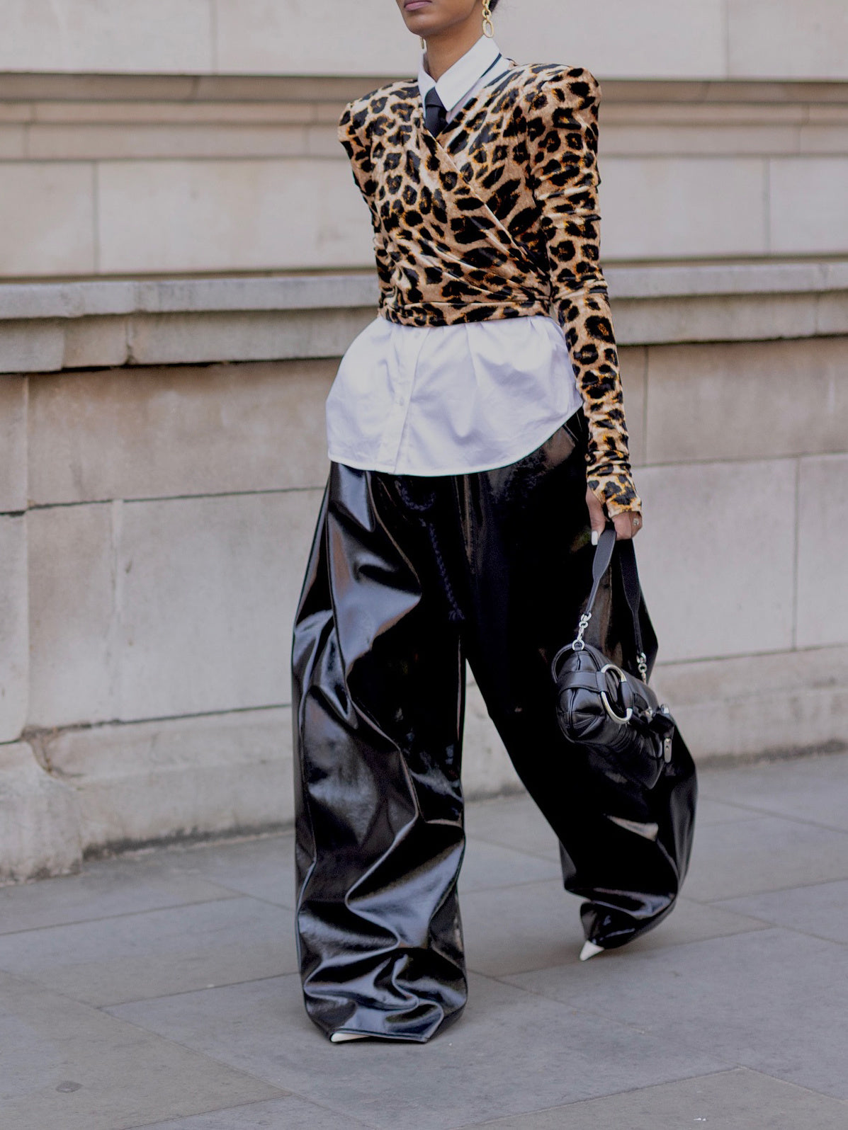 Leopard Print V-neck Top White Shirt Two-piece Set