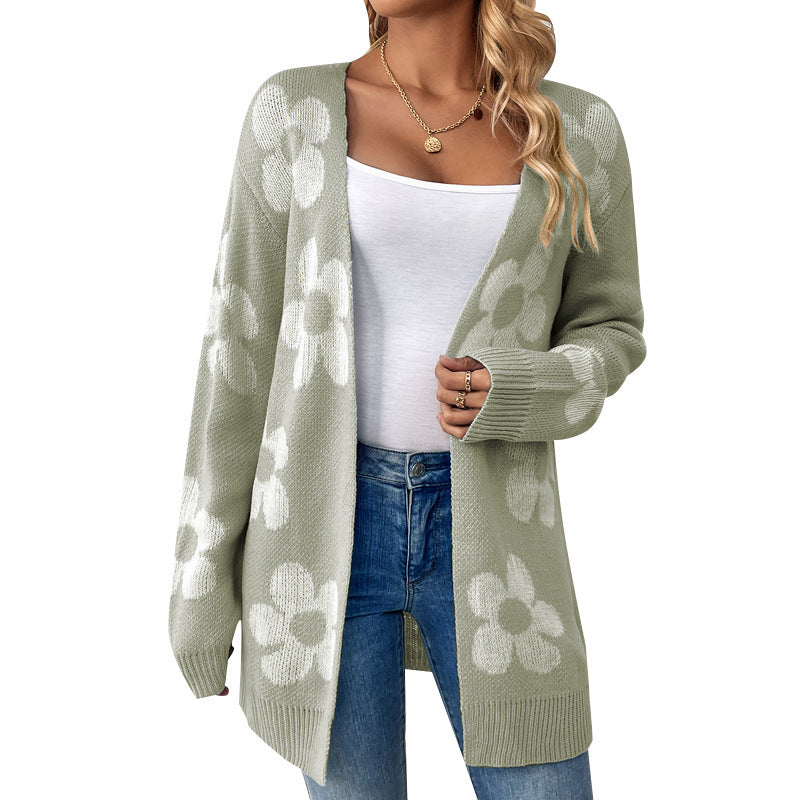 Mid-length Sweater Coat Women's Loose Flower V-neck Knitted Cardigan