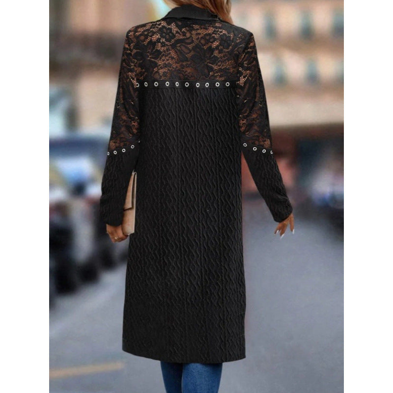 Solid Color Lace Hollow-Out Long Coat
