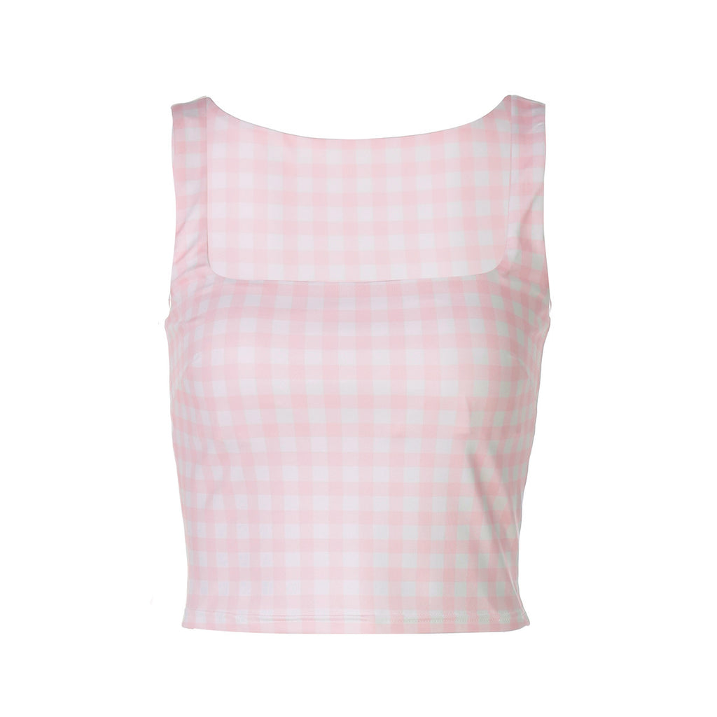 Fashion Square Collar Plaid Printed Slim Fit Midriff-baring Vest