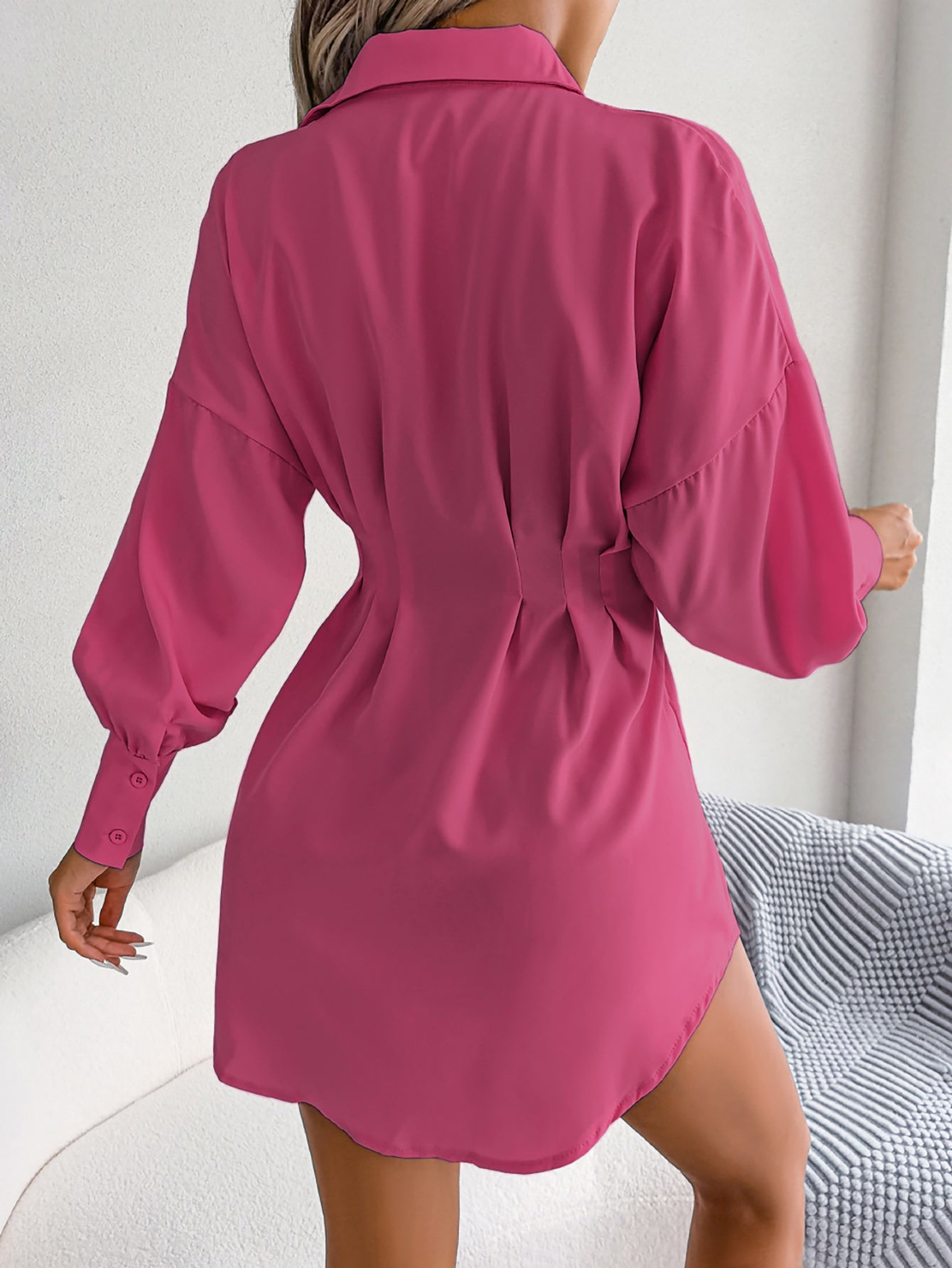 Casual Lantern Sleeve Tie Waist Asymmetric Shirt Dress