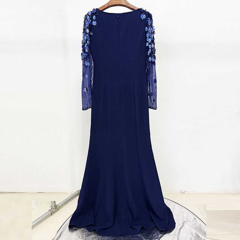 Long Mesh Sleeve Sequin Beaded And Diamond-Embellished Dress