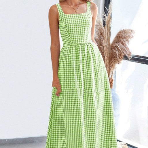 Patchwork Plaid Sling Elastic Large Swing Dress