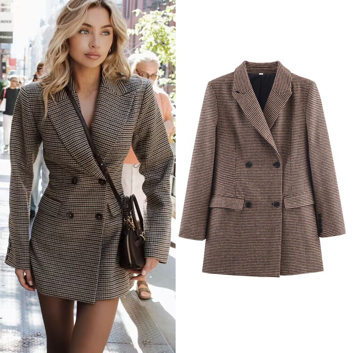 Womens Mid-Length Double-Breasted Houndstooth Blazer