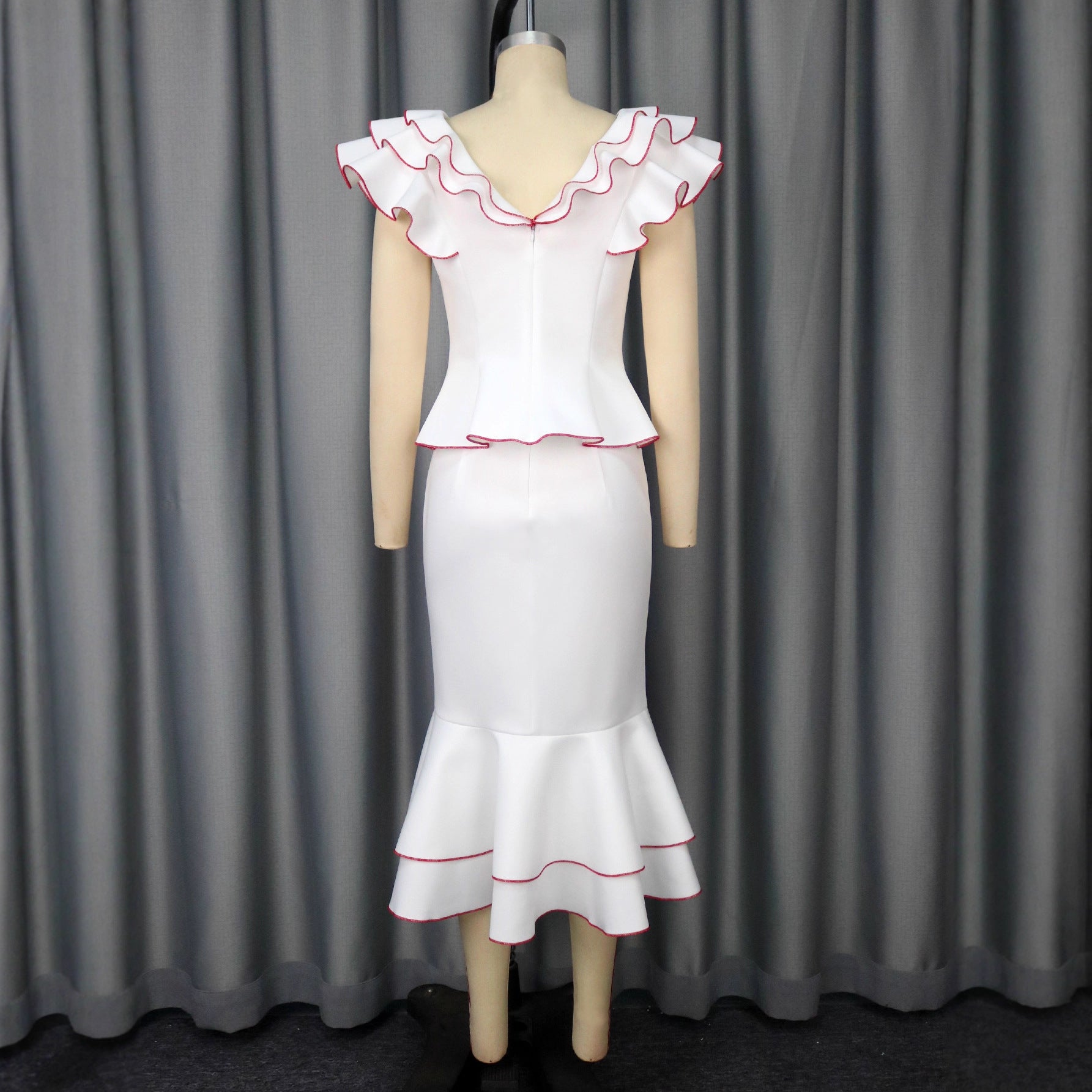 Women's Ruffled Contrast Color Top Temperament Slim Fishtail Skirt Suit