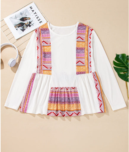 White Western Aztec Print Patchwork Ruffled Tunic Long Sleeve Babydoll Top