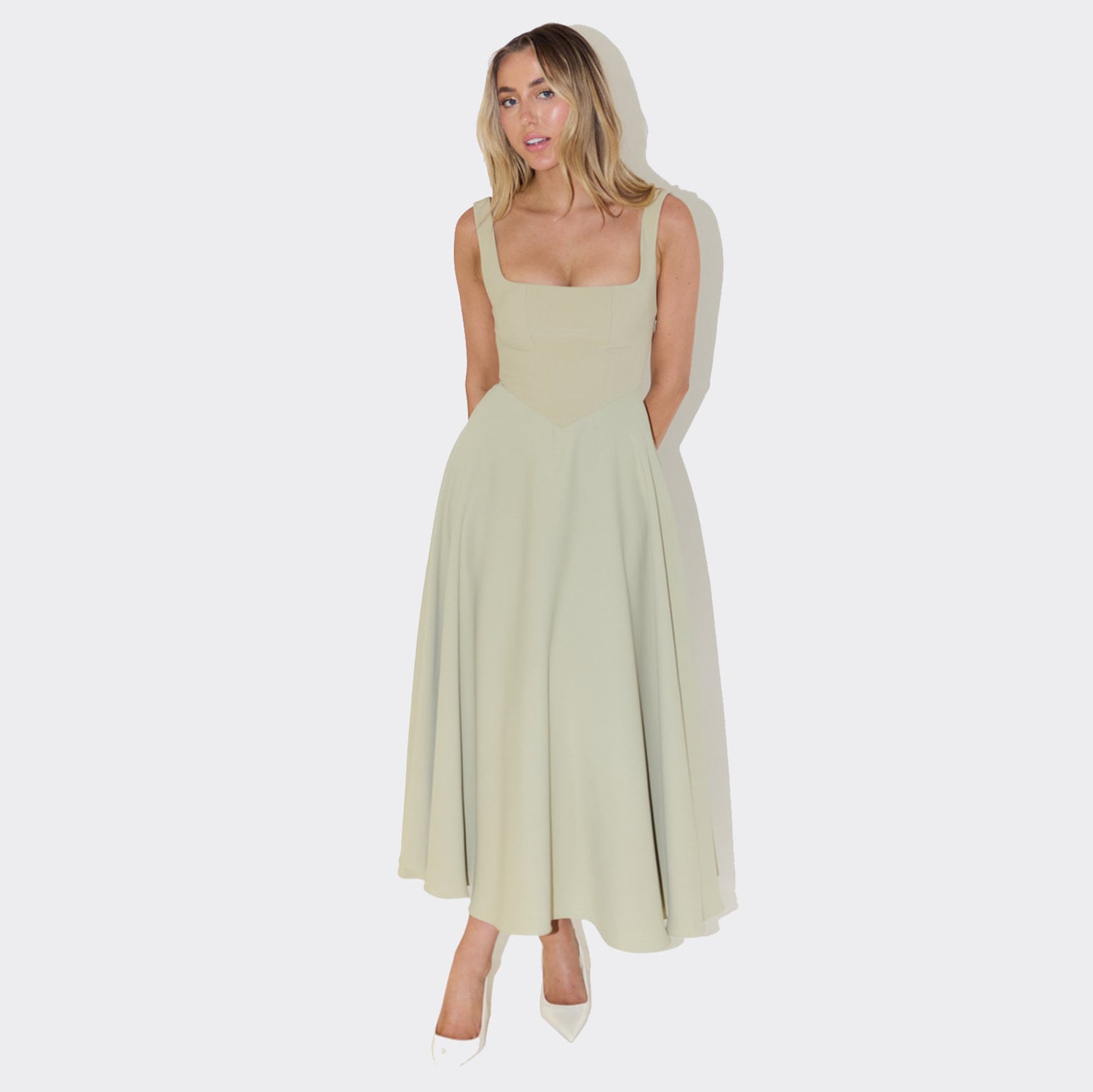 Square-neck Sleeveless Waist Trimming Sling Dress