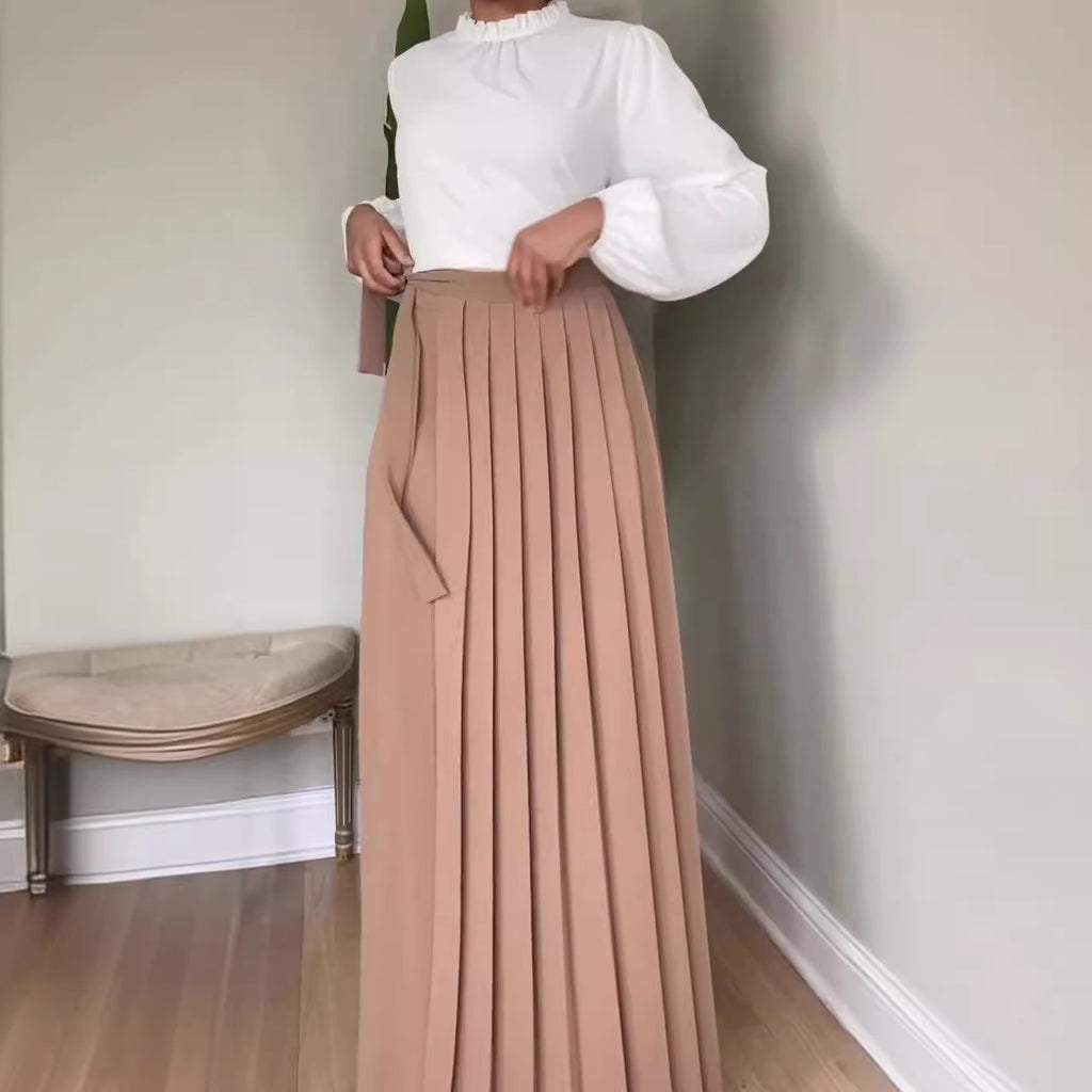 Solid-Color Wide-Leg Pleated Pants With Ties