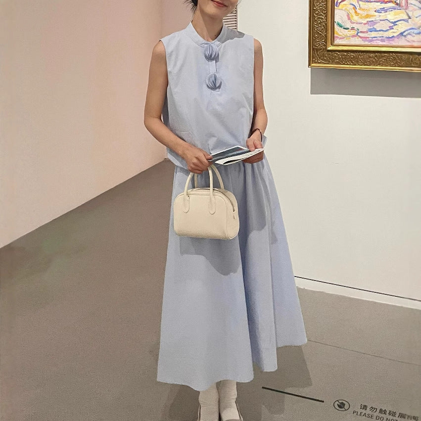 Women's Blue Cotton Blended Stand Collar Sleeveless Bud Vest