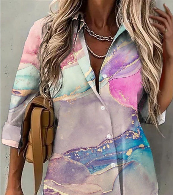 Spring And Summer New Fashionable Printed Collar Long Sleeved Shirt For Women