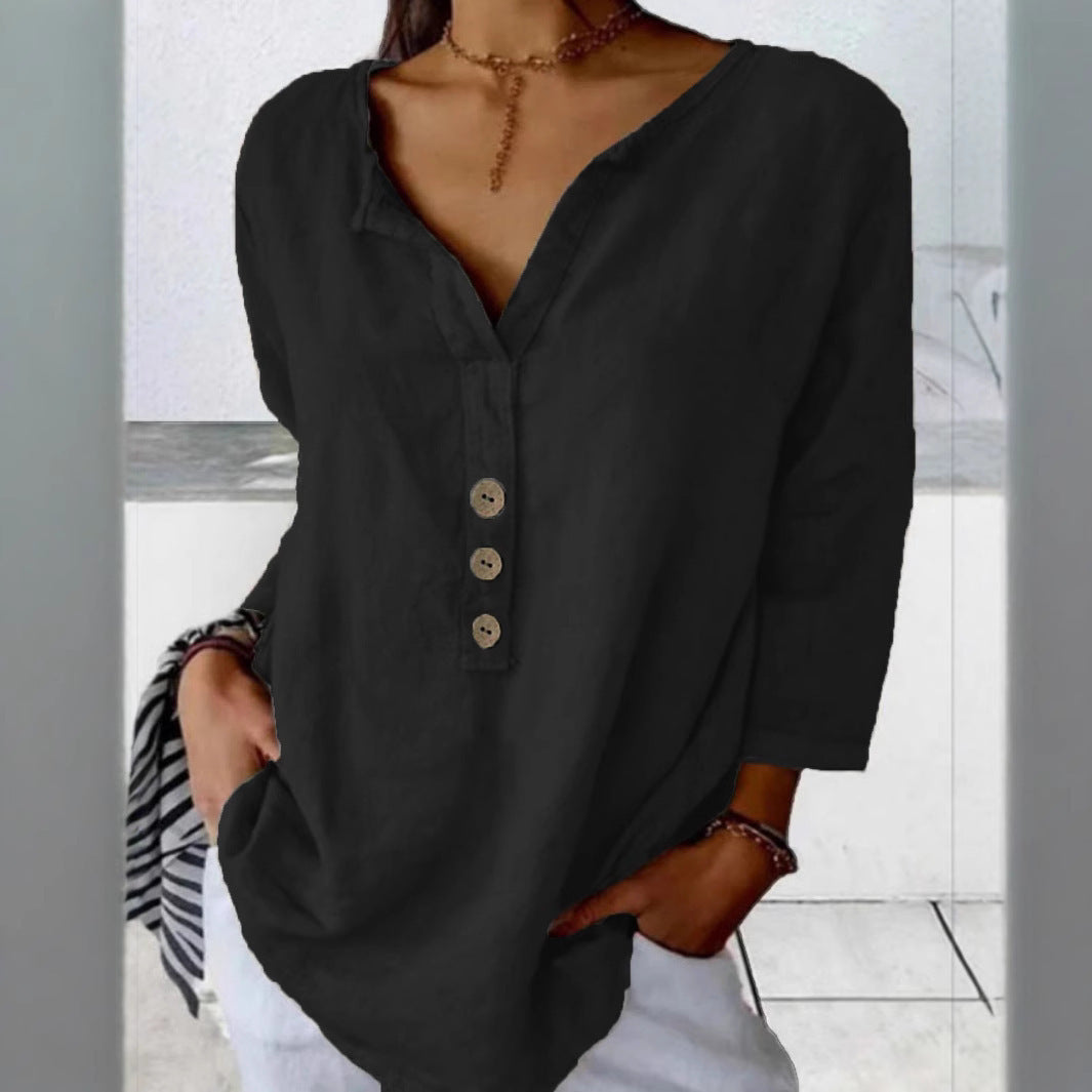 Solid Color Notched Collar Shirt Casual Button Shirt