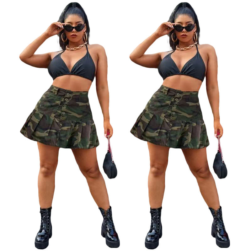 Camouflage Pleated Pocket Button Mini Skirt