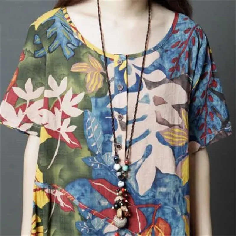 Retro Artistic Ethnic Style Oversized Loose-fitting Pattern Print Short Sleeve Dress