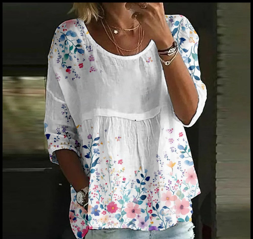 Women's T-shirt Casual Spider Bat Digital Print Mid Sleeve Pleated Round Neck Top