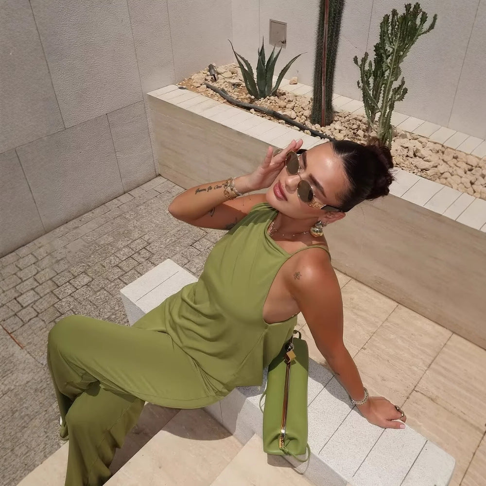 Asymmetrical Pleated Camisole And Wide-leg Pants Set