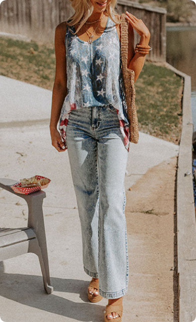 Blue Vintage Washed Flag Print  Tank Top