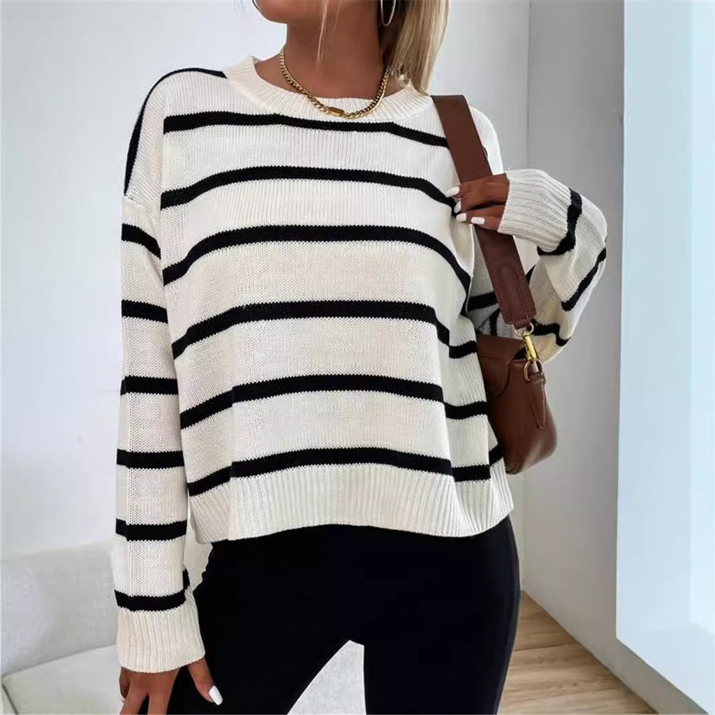 Round Neck Pullover Long Sleeve Base Layer Color Block Sweater Women