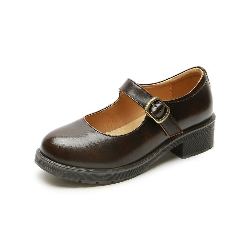 Womens Small Leather Shoes With Retro Japanese-Style Buckles