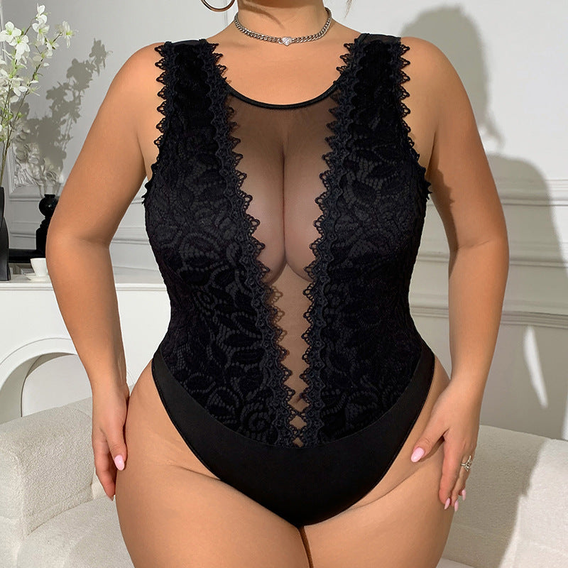 Black Hot Girl Rhombus Lace Slim Fit Patchwork European And American Style Lace Sexy Siamese Top