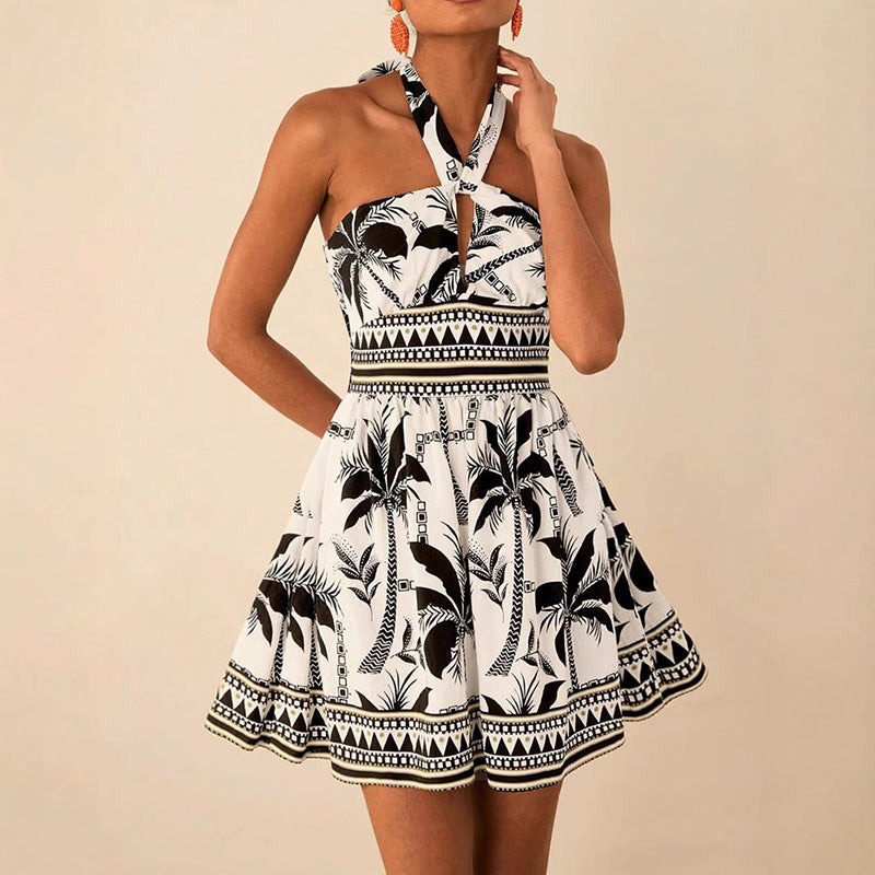Printed Lace-up Sleeveless Halter neck Slip Dress