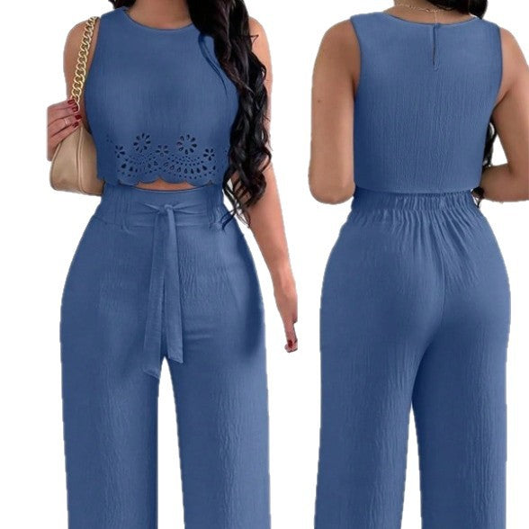 Womens Floral Off-Shoulder Sleeveless Top And Tie-Front Pants Casual Set