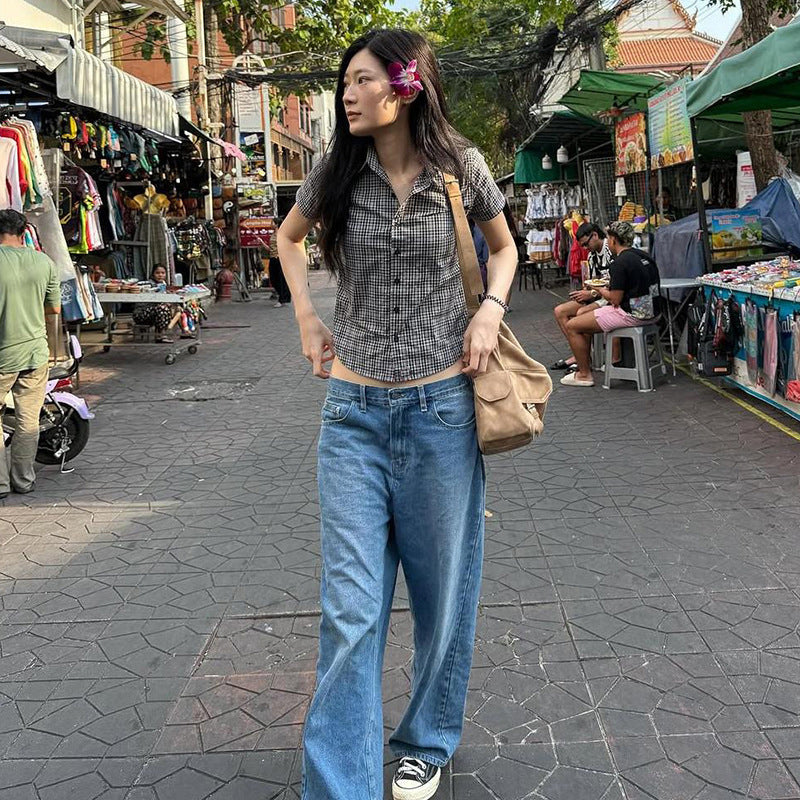Hot Girl Fashion Plaid Printed Lapel Single Breasted Slim Fit Waist-controlled Top Women