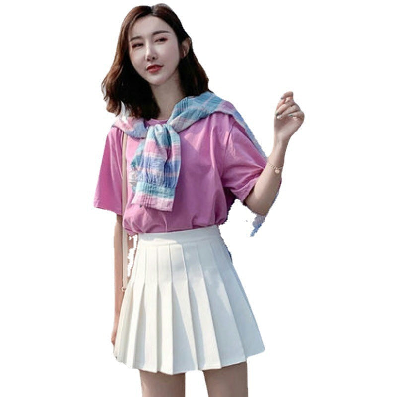 High-waisted A-line Skirt For Petite Women Gray And White Pleated Skirt