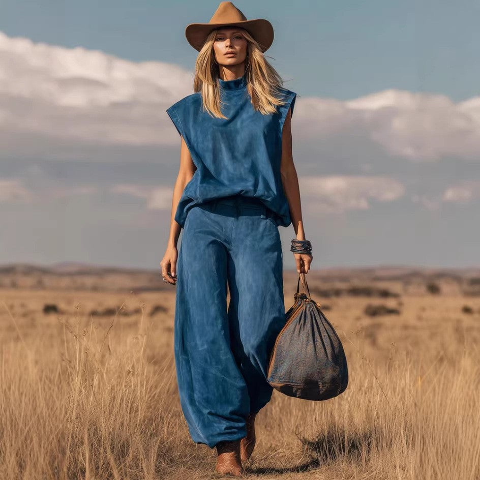 Western-style Sleeveless Wide-leg Cropped Suede Velvet Suit