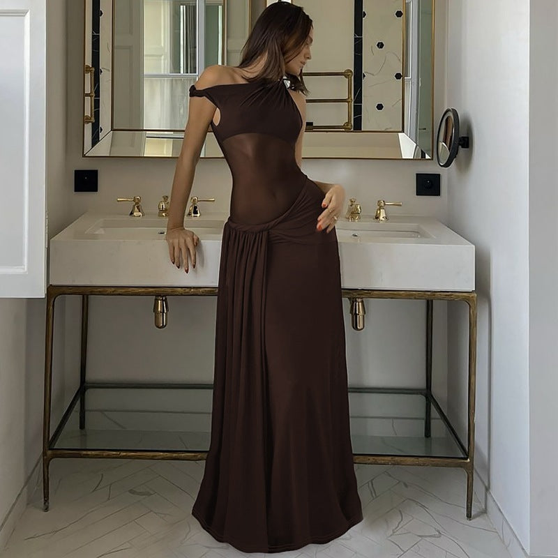 European And American Fashion Sexy Slim Fit Waist-controlled Slimming Mesh Diagonal Collar Dress