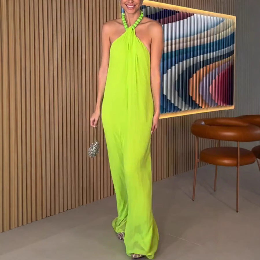 Spring And Summer Chiffon Pleated Halter Dress