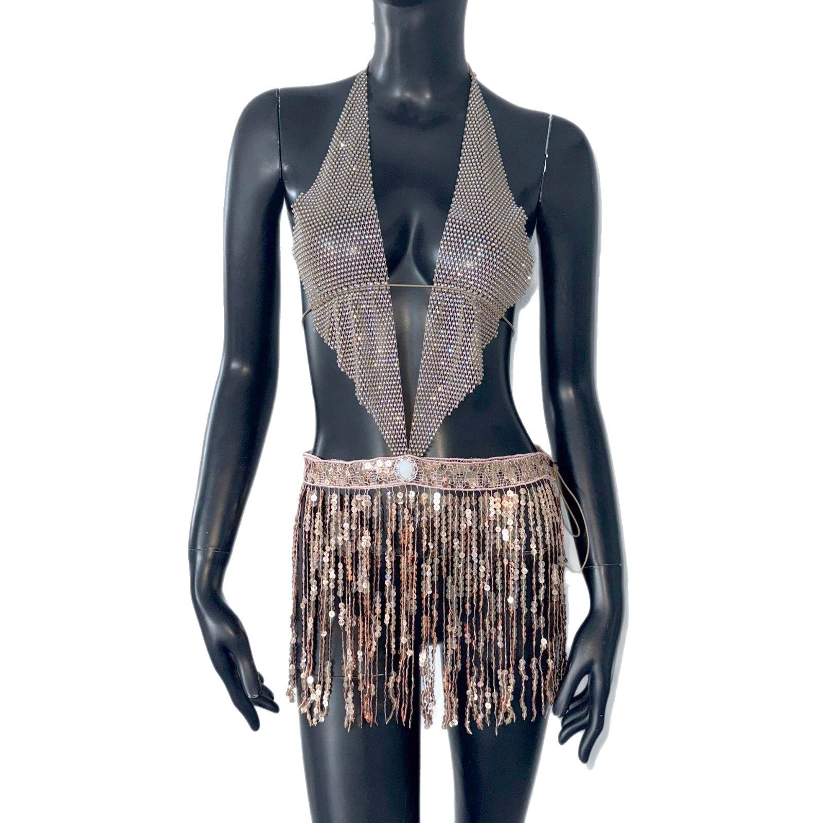 Sequin Halter Dress Fishnet Rhinestone Sling