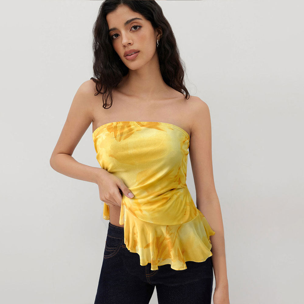 Womens Off-the-Shoulder Ruffled Tube Tie-Dye Vest Top