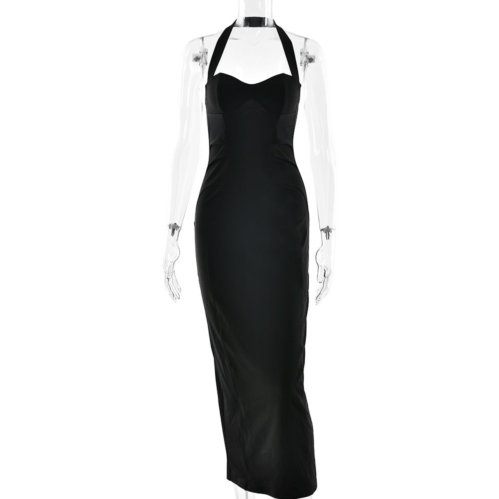 Sexy Halter Tube Top Solid Color Waist Tight Slit Slim-fitting Dress