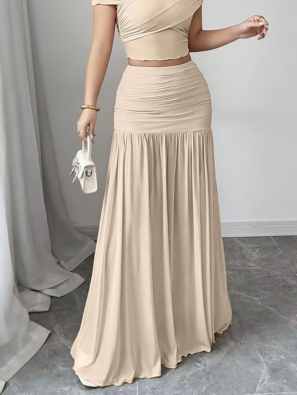Elegant Solid Color Pleated Long Skirt For Women