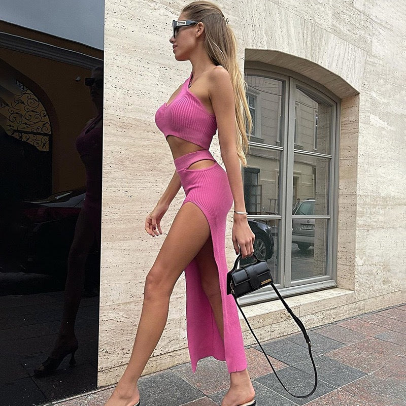 Summer Fashion Temperament Slim Fit Sexy Spicy Girl Outfit Solid Color Slit Thread Skirt Set