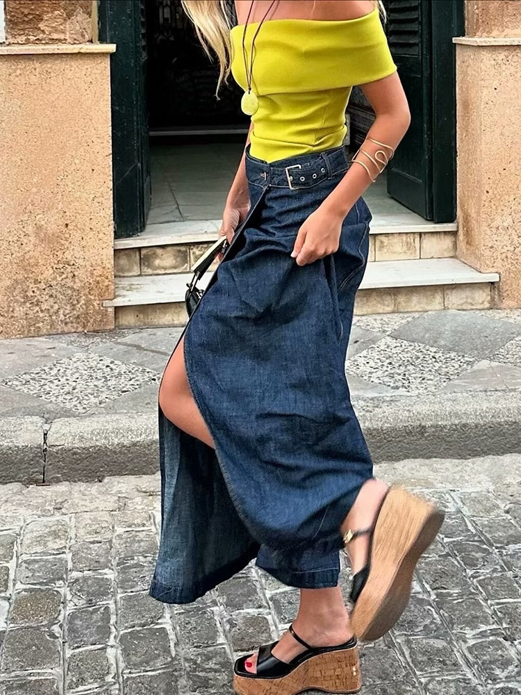 High-waist Asymmetric Slit A-line Denim Midi Skirt For Women