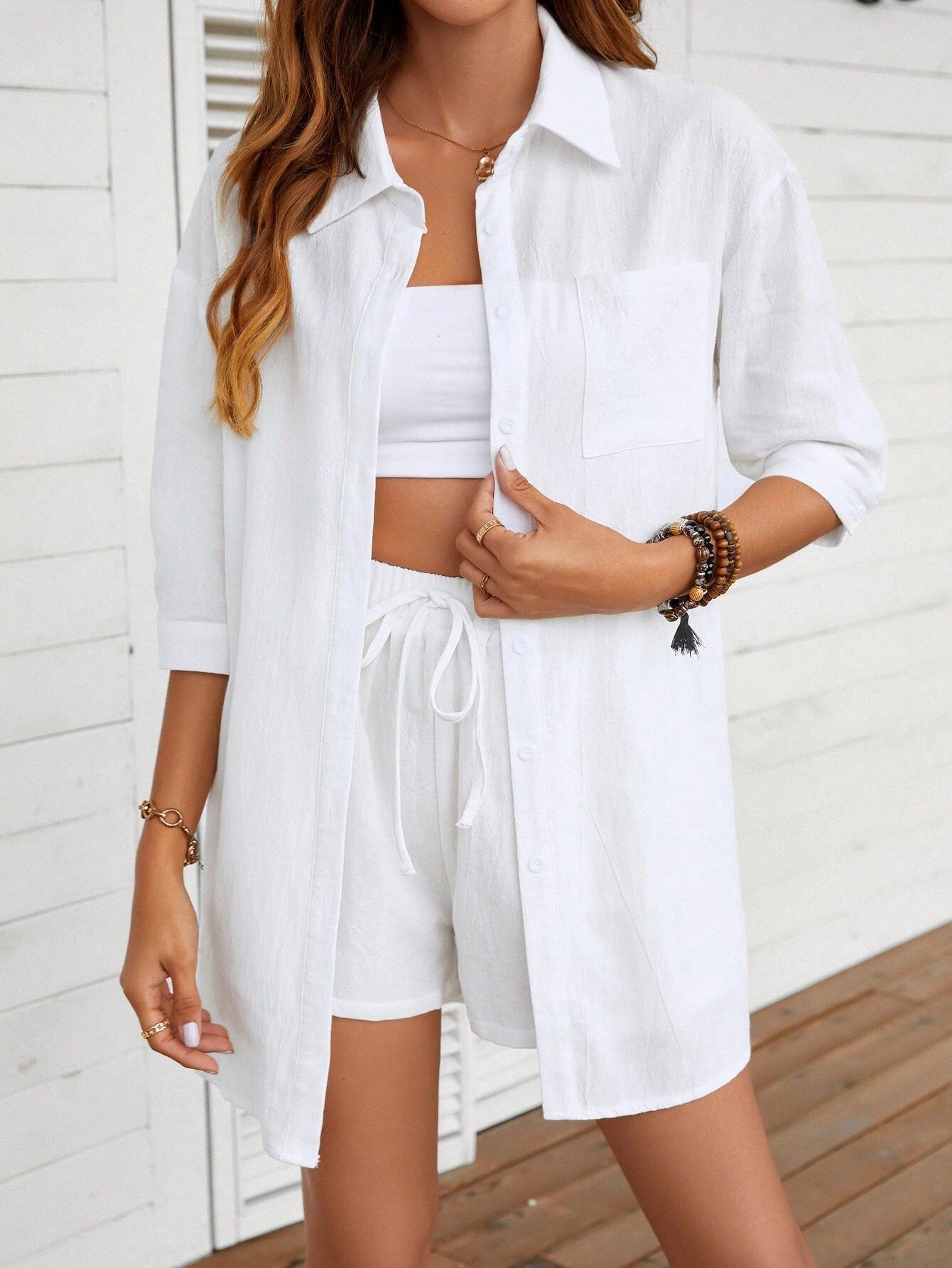 New Fashion Single-breasted Shirt Solid Color Casual Loose Outfit Women