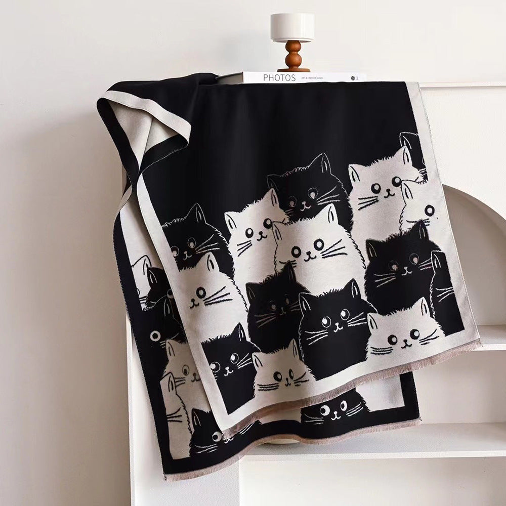 Double-sided Double-wear Student Faux Cashmere Scarf Cartoon Design For Autumn And Winter