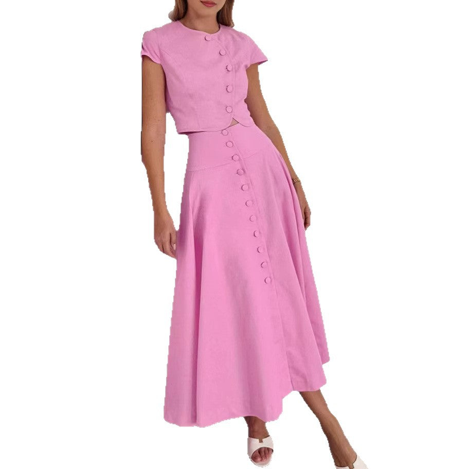 Solid-Color Buttoned Short-Sleeve Top And Flared Maxi Skirt Two-Piece Set