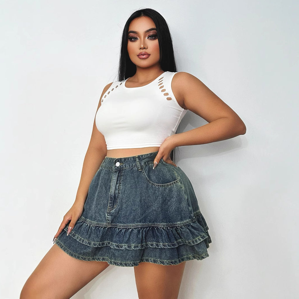 Womens Flounced A-Line High-Waist Denim Skirt