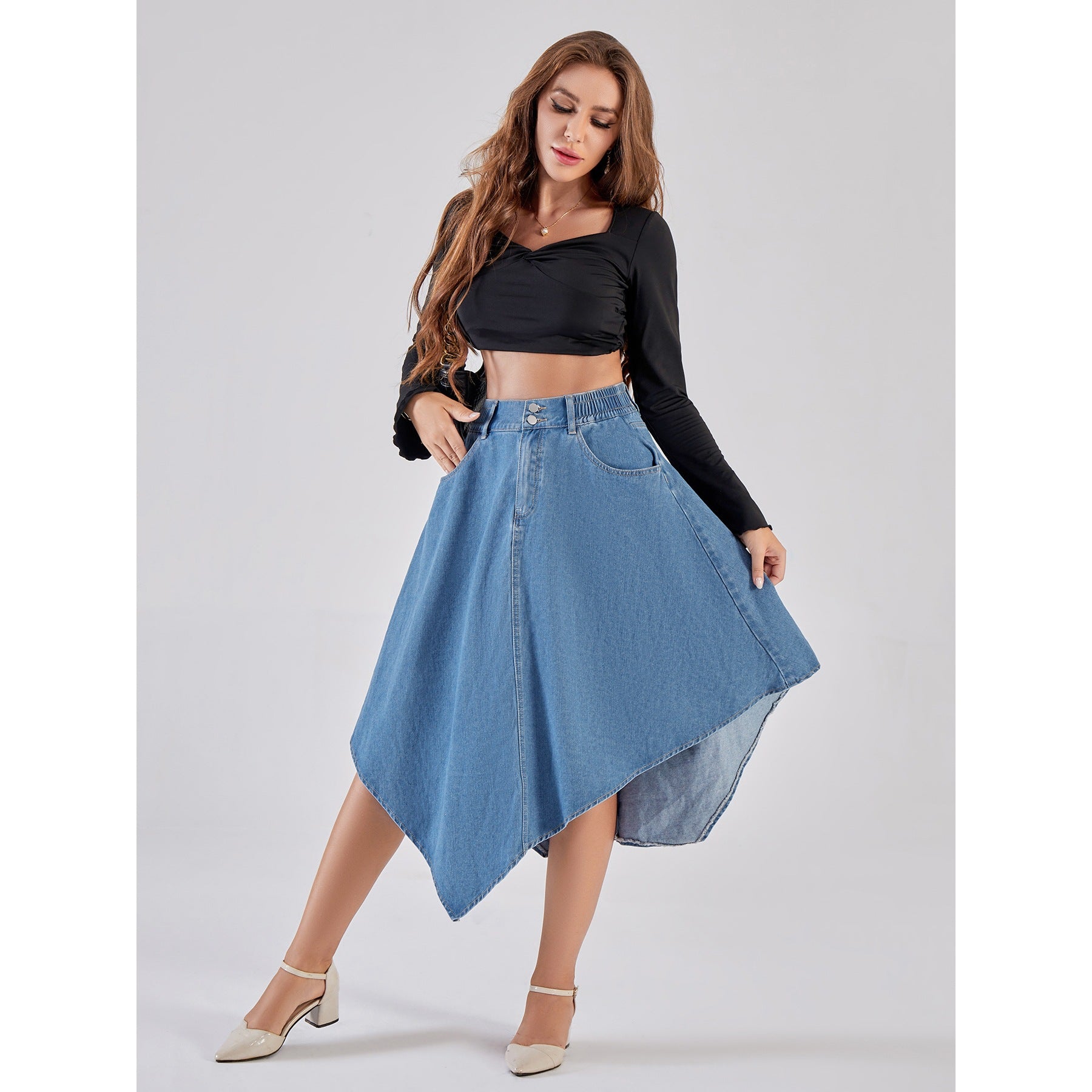 Womens Solid-Color Irregular Denim Skirt High-Waisted Denim Skirt