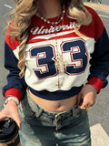American-style Campus Color-blocked Digital Print Crew Neck Cropped Top
