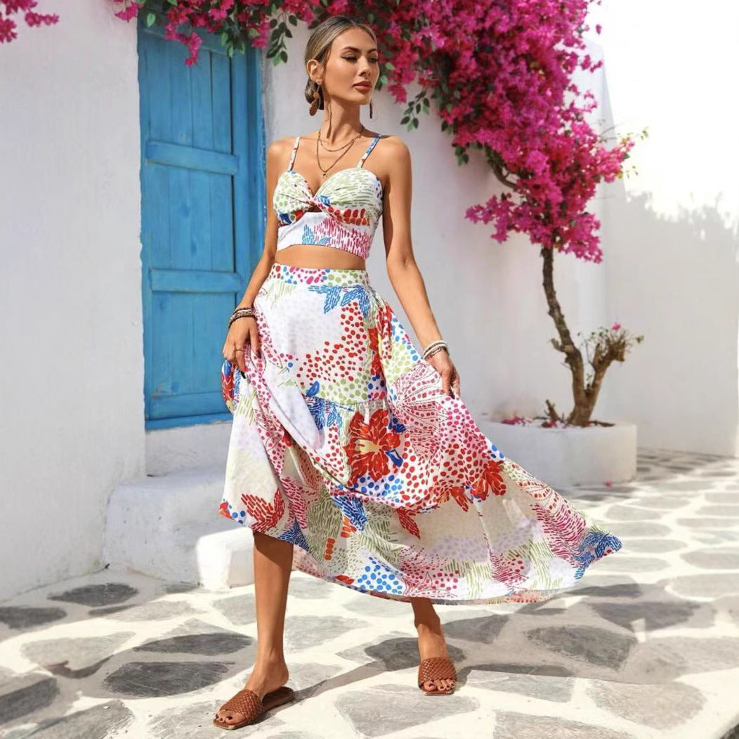 Printed Fashionable Slim-fit Suspender Skirt Suit Women
