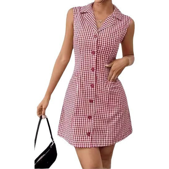 French Style Retro Plaid Sleeveless Women's Lapel Dress
