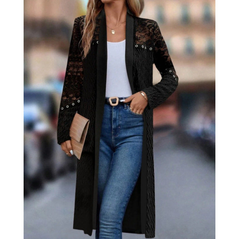 Solid Color Lace Hollow-Out Long Coat