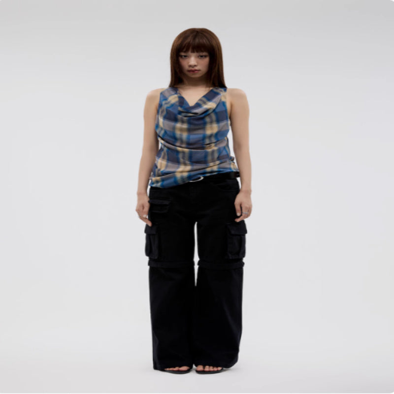 Vintage Check Pleated Swing Neck Sleeveless Tank Top