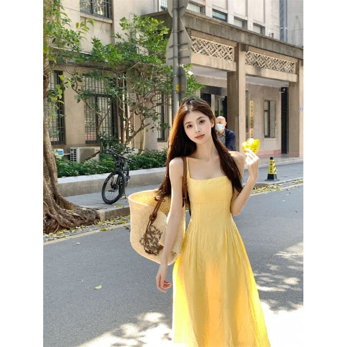Small Yellow Gallus Dress Women's Clothing Summer New Waist-tight Temperament Long Dress Seaside Vacation Skirt