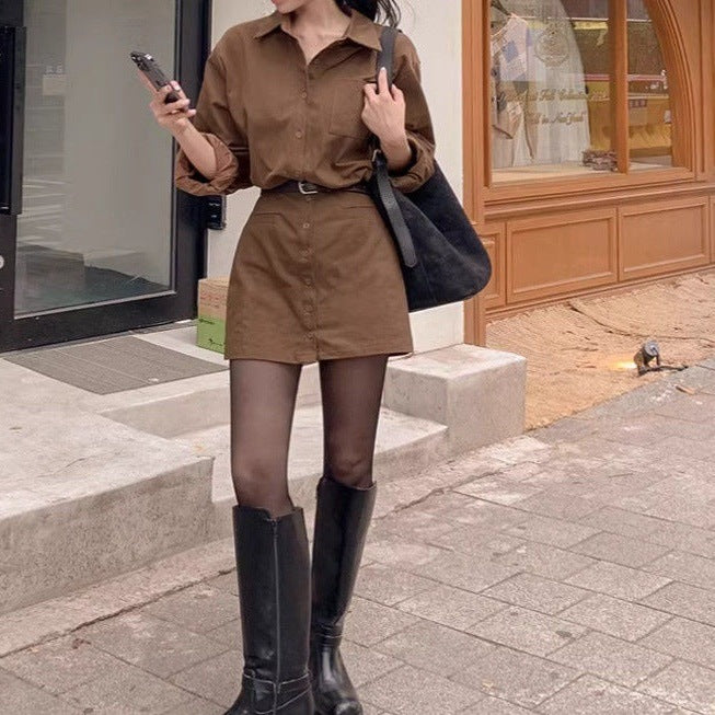 Single-breasted Waist-cinching Slimming Long-sleeve Shirt Dress